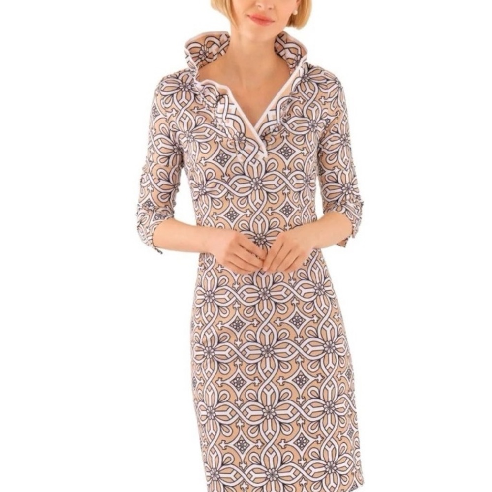 Gretchen Scott Ruffneck Dress M Tan Black Medallion Piazza Print Ruffle Neck